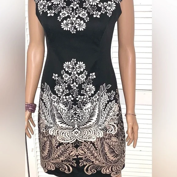 London Style Collection Black White Floral Cap Sleeve Sheath Dress Size 12 - Picture 3 of 7